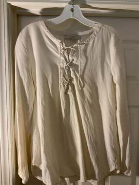 Loft Cream Lace-Up V-Neck Long Sleeve Viscose Top